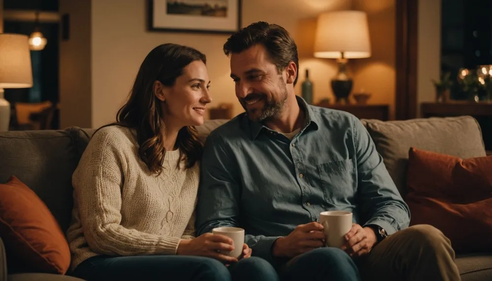 Un couple assis sur un canapé dans une ambiance cosy ils boisent un café dans une atmosphère de relation amoureuse